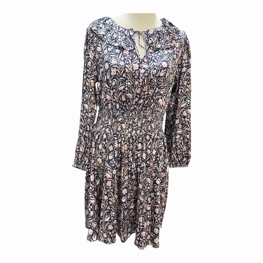 J Crew Dress Size-M Women Mini Dress Navy‎ Purple Smocked Waist Floral Fields